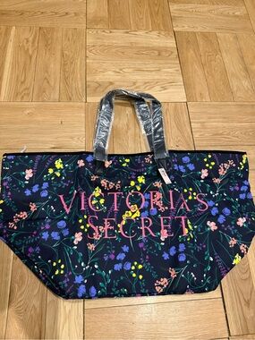 Victoria's Secret Navy Floral Tote with Pink Logo